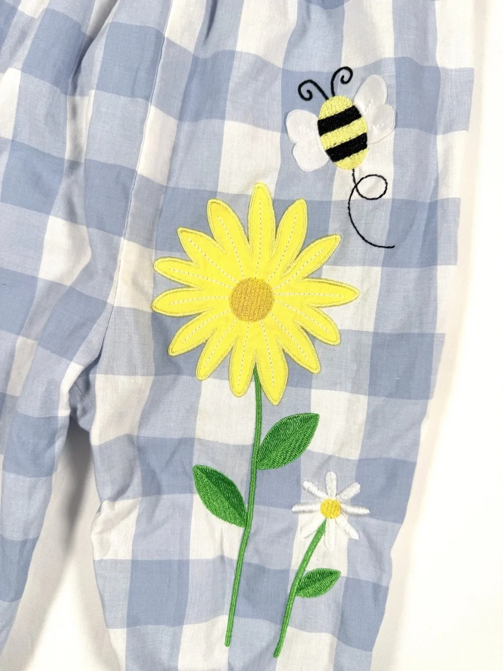 BOUTIQUE Blue Gingham Bee Floral Romper Toddler Girls Size 12M Garden Outfit